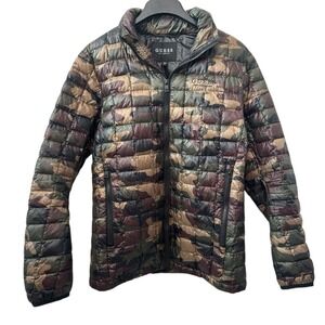 Guess Women Quilted Camouflage Puffer‎ Lightweight Full Zip Jacket w/ Hood SMALL